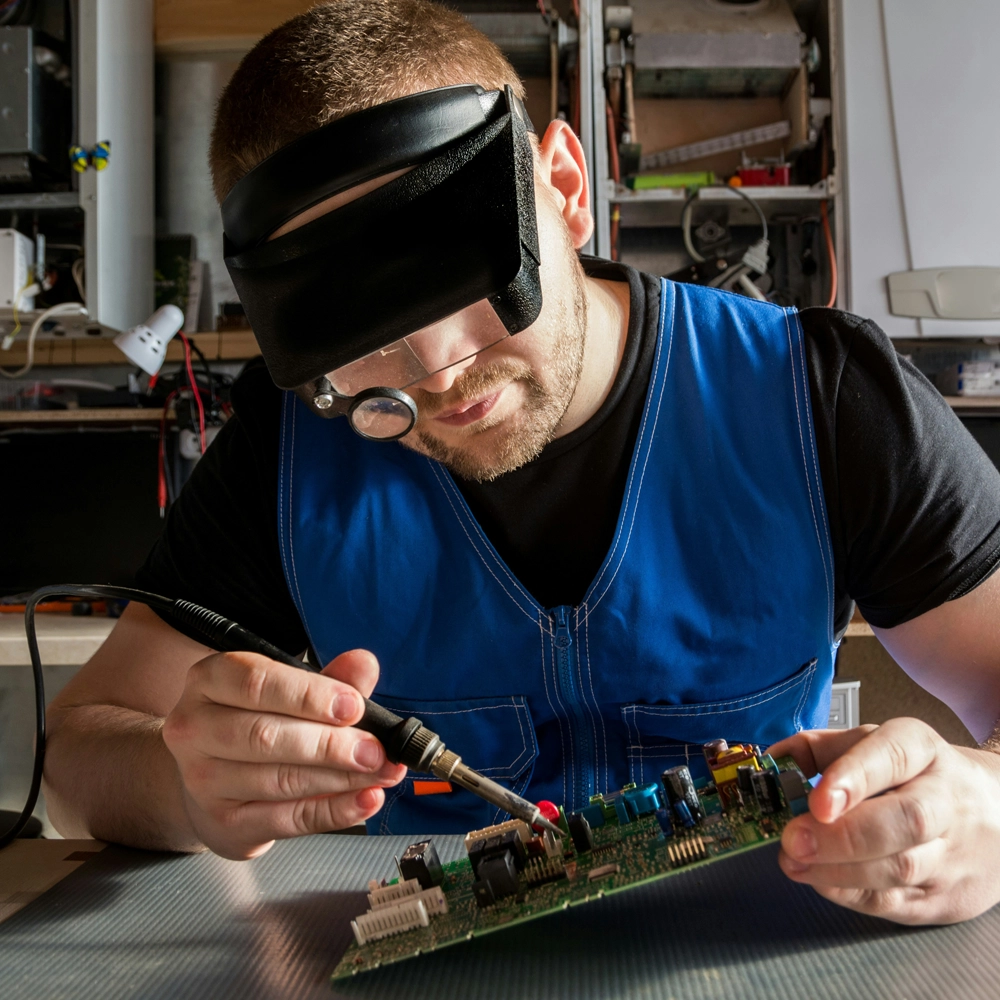 Repair 1000x1000 header image option 1 Light skinned man fixing a circuit board in a workshop, he's wearing a magnifying visor and holding a soldering iron in one hand and the circuit board tilted in the other.
